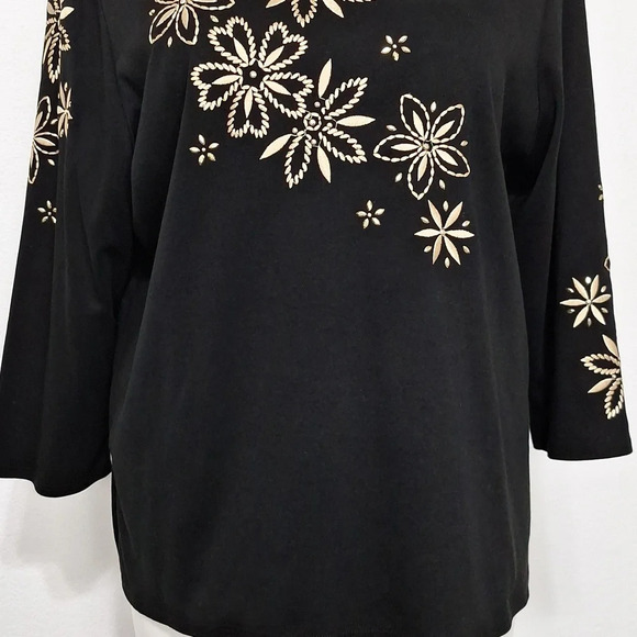 Alfred Dunner Black & Gold Spontaneous Flower Embroidery Crew Neck Top Size XL - Picture 4 of 13